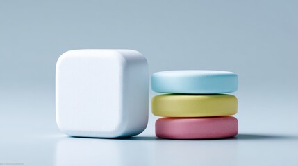 Color-coded dishwasher tablets arranged in a stack with a single white tablet beside them on a smooth surface, featuring a minimalistic design and soft lighting for a clean aesthetic