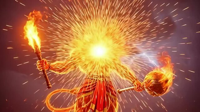 Hanuman powerful hindu god with fire aura mace and lightning in dramatic sky scene for festival culture worship banner poster background design