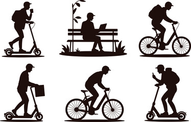Fototapeta premium Six black silhouettes of people riding bicycles and scooters on white background transportation
