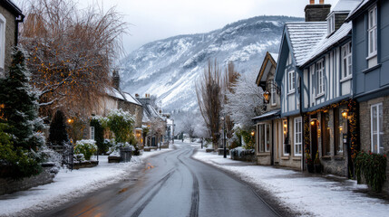 Fototapeta premium Winter frosty winter landscape. Snow covers ground and trees and air crisp, cold. Perfect winter holidays seasonal themes, tranquility, vacations and holidays. Christmas or New Year winter background