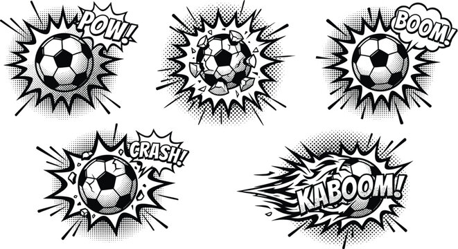Soccer ball exploding in comic book pop art style