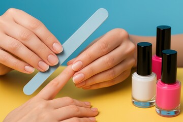A woman doing her nails with an emery board, showcasing nail care products and a fresh manicure for a polished and well-groomed appearance, on yellow and blue background.