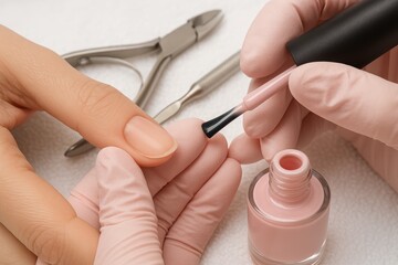 Applying nude nail polish on natural nails in a beauty salon with gloves, creating a flawless manicure and a polished, professional look, preparing for a special occasion.