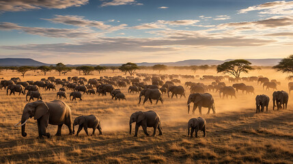 Fototapeta premium Vast herd of elephants grazing and moving through a golden savanna at sunset, with acacia trees and dust clouds creating a picturesque scene.