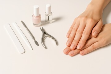 A beautiful manicured woman's hands with perfect skin tone, next to nail care tools and nail polish bottles on a light surface, representing beauty and personal care.