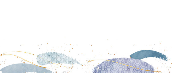 Watercolor Seigaiha Japanese Wave Frame: Elegant Blue and Gold Banner Background-300dpi-