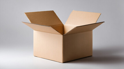 Open cardboard shipping box on studio backdrop with copy space for delivery banner