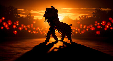 Fototapeta premium Silhouette barongsai against sunset sky