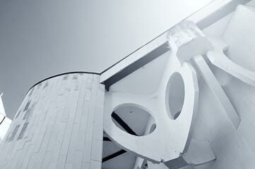Architecture modern background in black and white tones. Architecture cityscape with concrete building in futuristic style