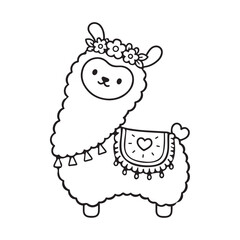 Naklejka premium Cute llama with a flower crown and decorated saddle