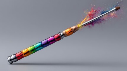 Naklejka premium 3D magic wand with a rainbow-colored handle and sparkling explosion of colors emanating from the tip, set against a clean gray background with ample copy space