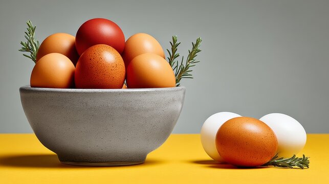 Bowl of assorted eggs including brown, white, and red eggs, garnished with rosemary, placed on a vibrant yellow surface with a gray background and ample copy space