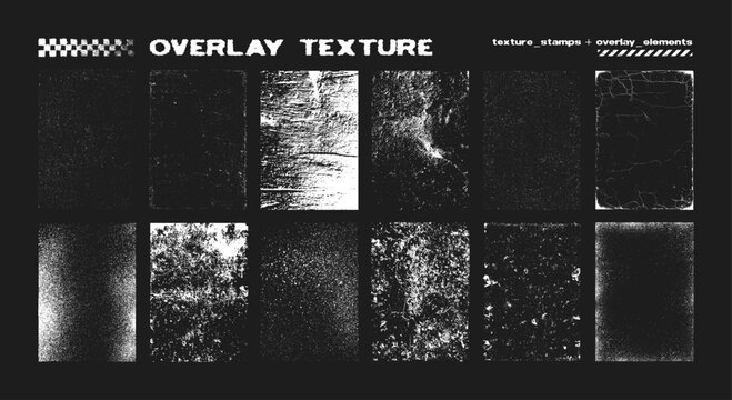 Different types texture for Overlay. Grunge stamps with grainy, damaged, spray, dusty, old, paper, concrete, spray effect. Grunge overlay texture perfect for background, photo. Vector graphic set