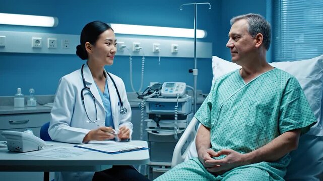 A smiling doctor and nurse in professional uniforms provide care to a senior patient inside a modern hospital clinic office