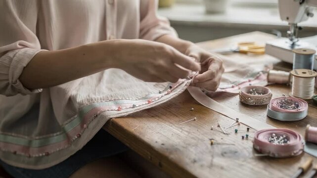 Midframe view of a person carefully sewing decorative ribbons along the hem of a blouse creating a stylish and feminine finish.