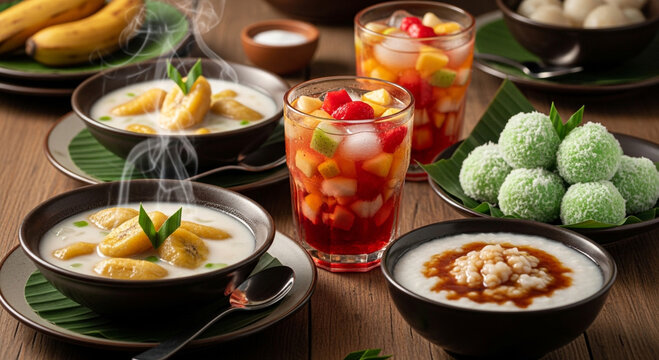 A delightful spread of popular Indonesian traditional desserts (Takjil), including steaming Kolak Pisang, sweet Bubur Sumsum, Klepon, and refreshing iced Es Buah.