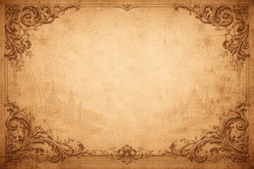 Antique paper with an ornate floral border and a faded vintage building sketch, creating a historical document background perfect for invitations and announcements.