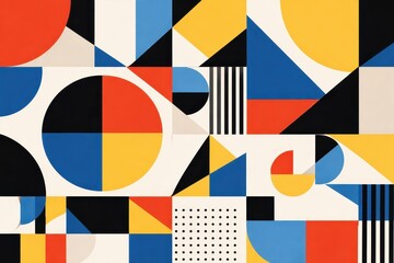 Abstract geometric background featuring circles, triangles, squares, and lines, with a modern primary color palette creating a visually dynamic and contemporary design.