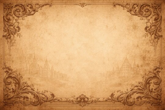 Antique paper with an ornate floral border and a faded vintage building sketch, creating a historical document background perfect for invitations and announcements.