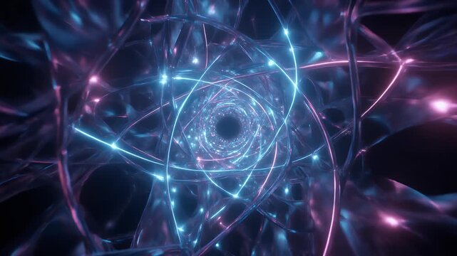 Slow Orbiting Luminous Intricate Quantum Energy Fields Pulsating with Ethereal Light and Interweaving Subatomic Particles in Deep Blue Purple Hues