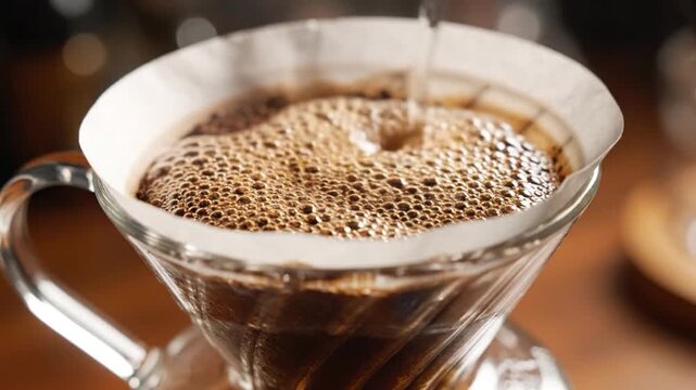 Hot water carefully pours over freshly ground coffee in a glass pour over dripper during brewing.
