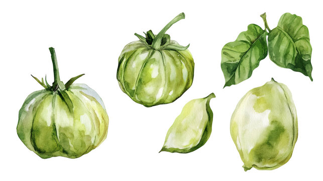 Watercolor illustration of green tomatillos and leaves on transparent background