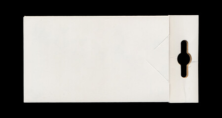 White carton sleeve back view with hang slot on black background