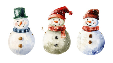 Three watercolor snowmen wearing hats and scarves, festive winter illustration with snowflakes, cheerful expressions, transparent background