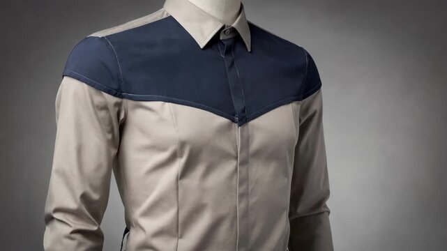 Medium shot capturing a yoke panel shirt with bold contrasting upper shoulder panels highlighting craftsmanship and contemporary fashion details.