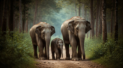 Fototapeta premium Family of elephants walking on a dirt path through a dense, misty forest with tall trees.