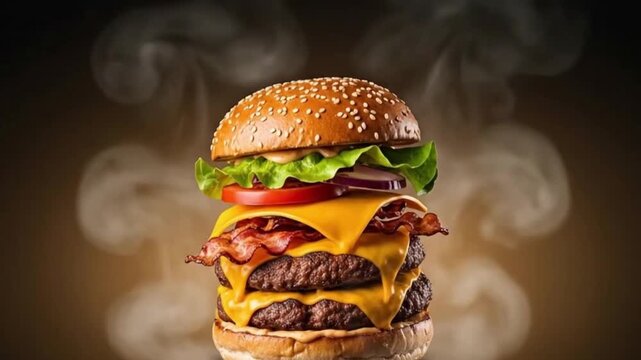 Delicious cheeseburger with bacon and cheese exploding in mid-air