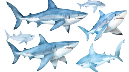 Fototapeta premium Watercolor illustration of seven blue sharks in various sizes and poses on white background