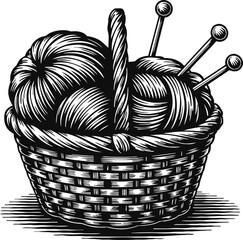 Fototapeta premium Basket with yarn balls and knitting needles handcraft supplies for knitting and crocheting hobby illustration