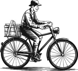 Obraz premium Vintage illustration of a man riding a bicycle with a crate on the rear rack