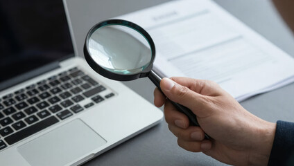 Business person hand holding magnifying glass checking paper and laptop with serious internal audit concept for corporate risk management