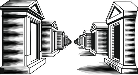 Fototapeta premium Classic black and white illustration of symmetrical mausoleum tombs in a cemetery row perspective