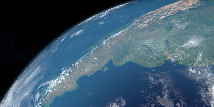 Andes Mountains or Andean Mountain Range, America. Aerial view from space