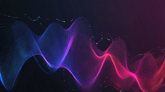 Abstract digital EQ music equalizer with dynamic sound wave visualization, representing voice, audio signals, artificial intelligence assistant technology, modern audio interface design