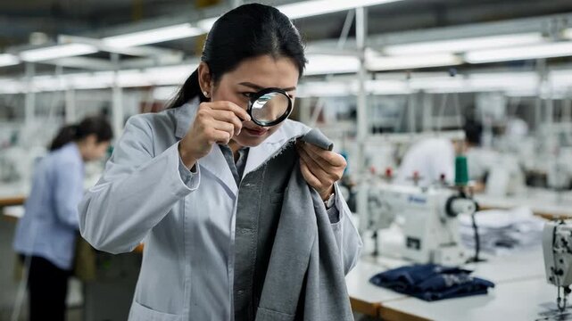 Medium shot of quality inspector examining garment seams with a magnifying glass in a textile factory setting during inline checks.