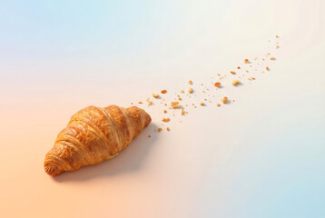 Fresh Croissant Flying With Trail Of Crumbs On Gradient Background