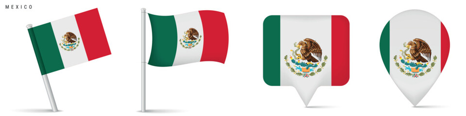 Mexico flag set with waving flag and map pins