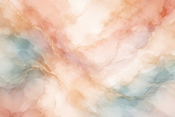 Fototapeta premium An elegant marble texture background with flowing pastel colors of peach, pink, and blue with golden veins, creating a luxurious and sophisticated abstract design.