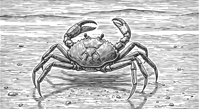 Detailed black and white crab illustration on sandy beach hand drawn marine life engraving