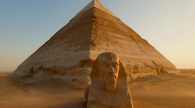 Panoramic view of Egyptian sphinx statue and desert pyramid at sunrise