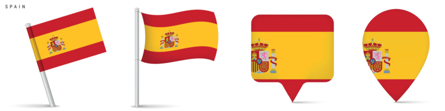 Spain flag set with waving flag and map pins