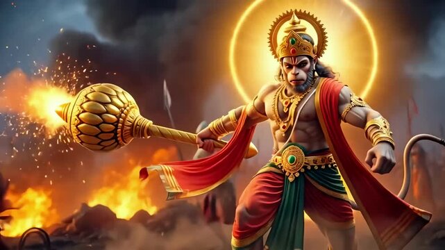 Hanuman powerful hindu warrior deity with gada in divine aura and epic battlefield scene for spiritual festival celebration devotion branding and worship use