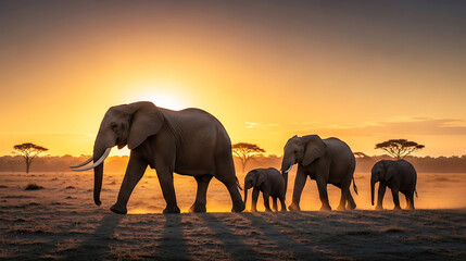 Fototapeta premium Elephant Family Walks Across a Plains at Golden Hour Sunset