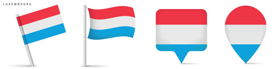 Set of Luxembourg national flag icons including waving flag and location map pins. Clean isolated design for travel, geography, navigation and European country themes.