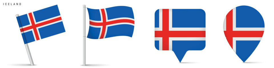 Obraz premium Iceland national flag icon set featuring waving flag and location map pins. Isolated design suitable for travel, geography, navigation and northern Europe concepts.