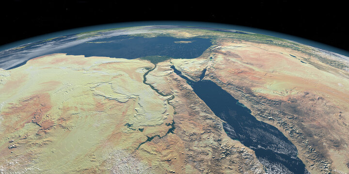 Nile River and Red Sea in earth planet. 3d render